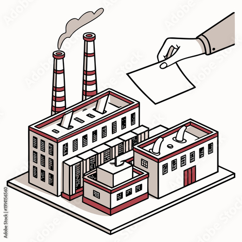 Industrial factory building with smoking chimneys and hand holding paper