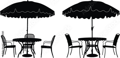 A pair of tables and chairs with umbrellas