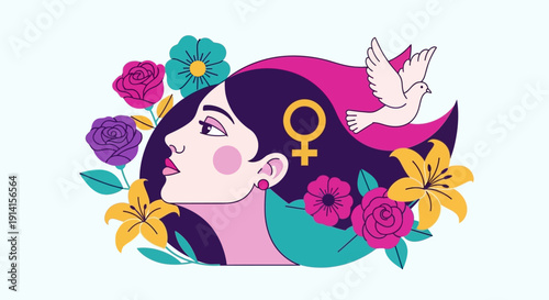 Beautiful woman with flowers and dove celebrating International Womens Day.