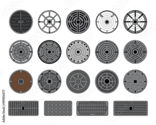 Road Manhole Isolated on White Background, vector cartoon illustration set featuring street hatches, road holes, sewer covers, urban utility infrastructure symbols, city maintenance elements
