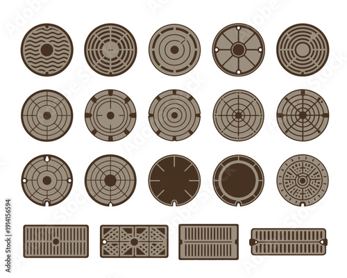 Road Manhole Isolated on White Background, street hatch and hole collection, urban infrastructure elements, sewer and utility access covers, city road details, and cartoon-style vector illustrations 