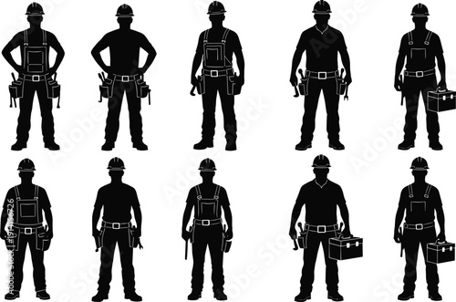 Construction worker silhouettes set wearing helmets, professional builders and technicians isolated on white background illustration