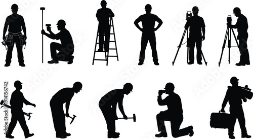 Construction worker silhouettes with tools and equipment isolated on white background industrial labor concept