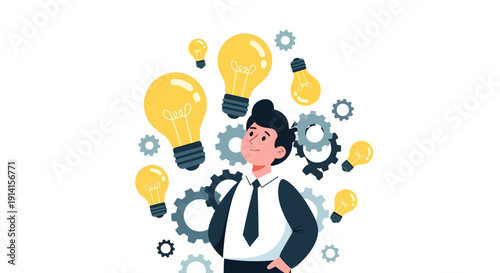 Businessman with lightbulbs and gears symbolizing creative thinking and innovation.