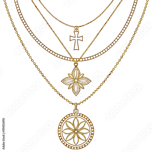 Gold necklaces with cross flower and circular pendants