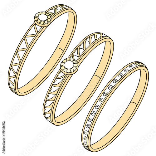 Gold bangle bracelets with white gemstones and intricate