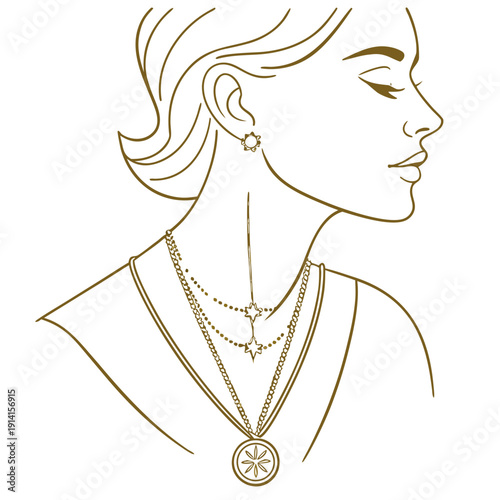 Gold line of woman wearing layered necklaces and earrings