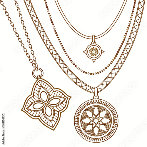 Gold necklaces with flower pendants and chain details