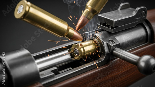 Close-up of a rifles action with bullets and sparks, showcasing firearm mechanics and ammunition.