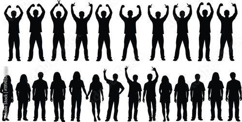 Group of people silhouettes standing and cheering, diverse crowd black vector illustration