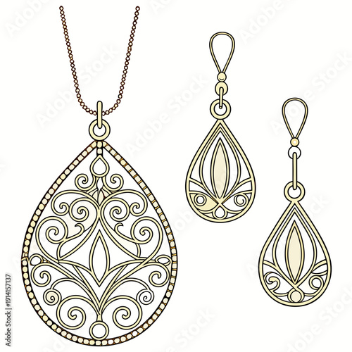 Gold filigree teardrop jewelry set with pendant and earrings 1