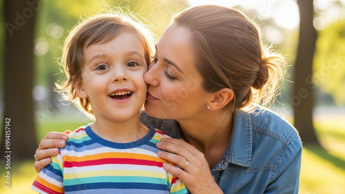 Joyful Moment - Mother Kisses Smiling Child Outdoors in Sunlight.