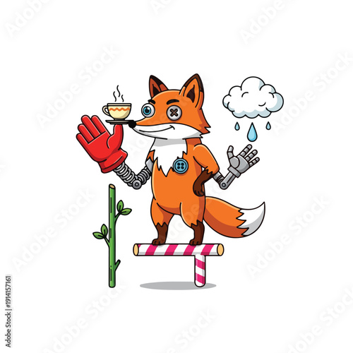 Fox Character Balances on Bar with Tea Cup