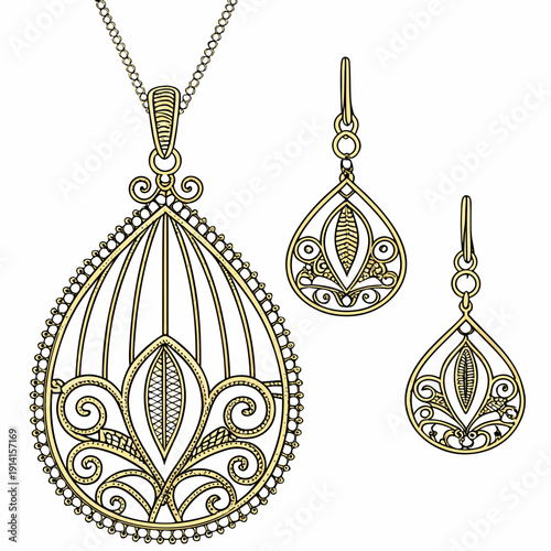 Gold filigree teardrop jewelry set with pendant and earrings