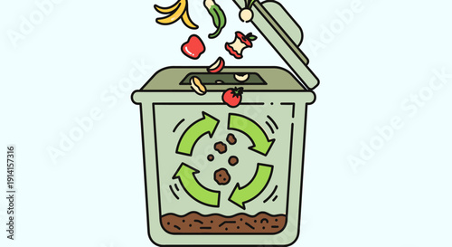 Green compost bin with organic food waste falling in, illustrating sustainable living, waste reduction, and environmental responsibility.