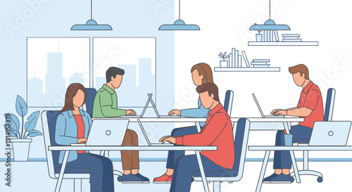 Vibrant illustration of a modern open-plan office where diverse professionals are actively working on laptops, fostering collaboration and productivity.