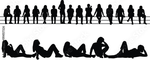 People silhouettes collection isolated on white background, sitting and reclining group figures set