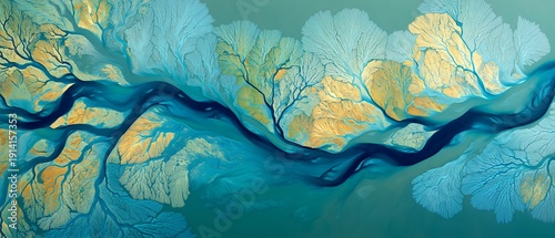 aerial view shows river delta meeting the ocean