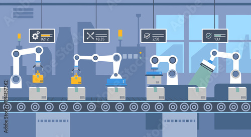Automated assembly line with robotic arms working on boxes in a modern factory setting, industrial production concept