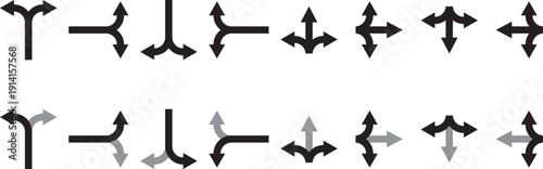 Navigation Road Arrows icon Set. Highway Direction Icons. Black arrows showing diverging and converging paths