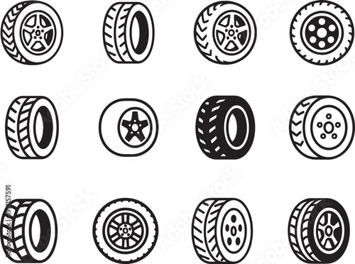 Wheel tire icon set in black outline and flat style, clean rubber car wheel vector for web and print.