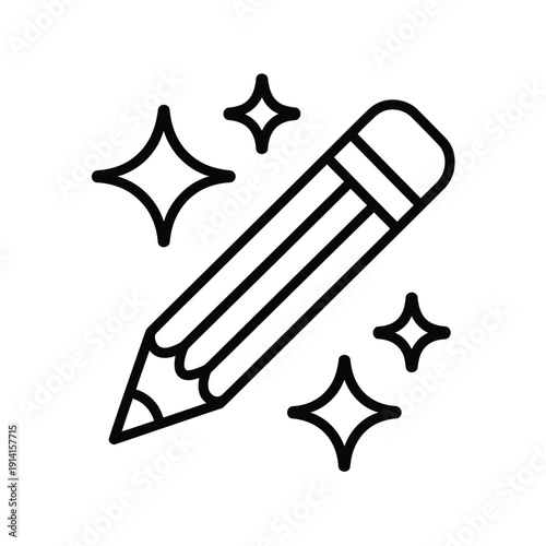 Simple black and white illustration of a pencil with sparkling stars