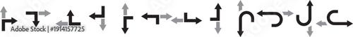 Navigation Road Arrows icon Set. Highway Direction Icons. Black arrows showing diverging and converging paths