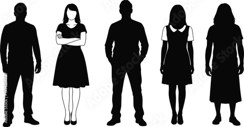 Standing people silhouettes, men women figures, anonymous human characters isolated on white background studio design