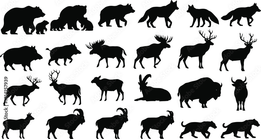 Obraz premium Wild animal silhouettes collection isolated on white background featuring forest and wildlife species