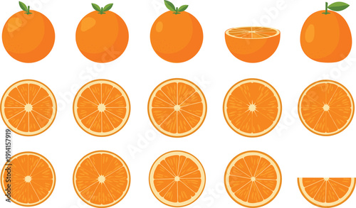 Orange fruit whole and sliced set. Fresh citrus collection with cross sections and half slice. Flat vector illustration isolated.
