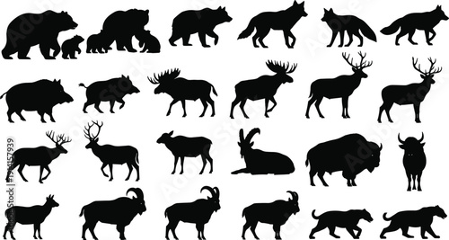 Wild animal silhouettes collection isolated on white background featuring forest and wildlife species