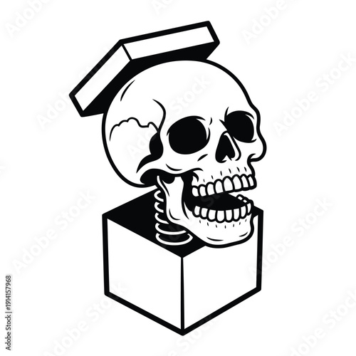 A skull emerging from an open box a classic surprise illustration