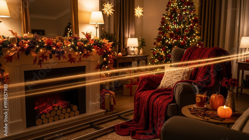 Cozy Christmas Living Room Scene with Fireplace, Tree, and Decorations.