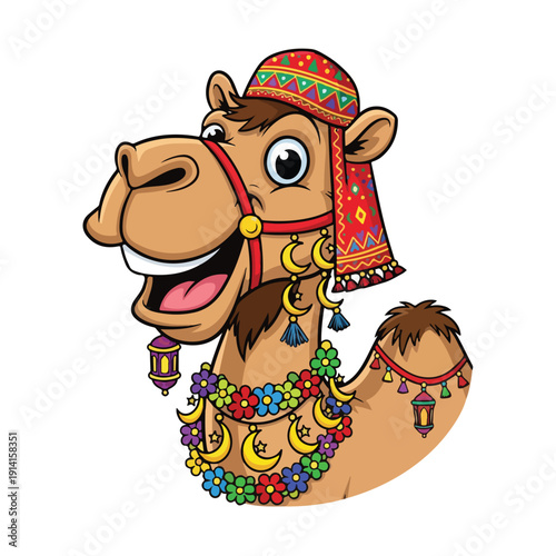 Smiling Camel Decorated with Colorful Ornaments