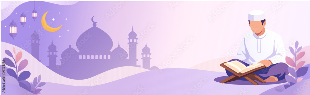 Fototapeta premium Muslim Man Reading Quran with Mosque Silhouette and Crescent Moon Ramadan Background