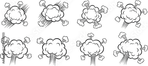 Cartoon explosion smoke cloud set with comic blast effects isolated on white background hand drawn vector collection