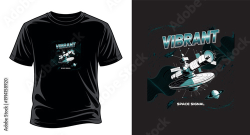 Retro space signal vibrant satellite t-shirt design on black background vector art print templet
