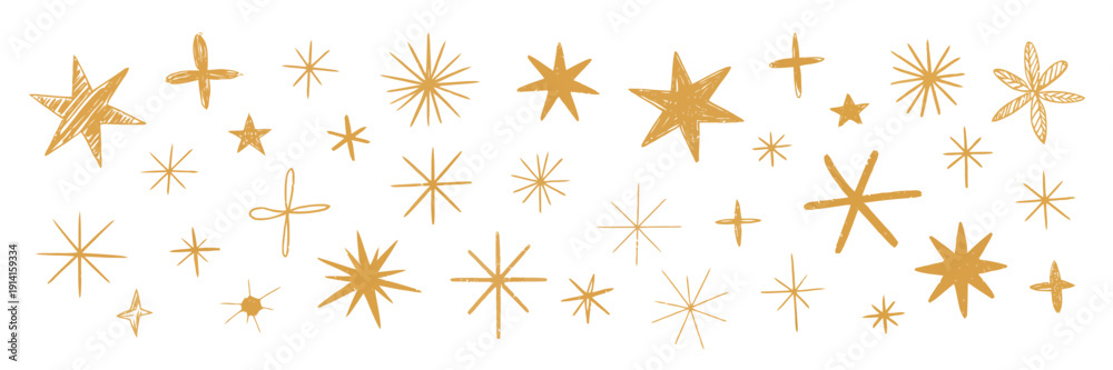 Obraz premium Stars, Colored Sketches, Crayon and Pencil Textured Drawings Set, vector illustration collection featuring hand-drawn doodle stars, chalk and crayon textures, twinkle and sparkle elements