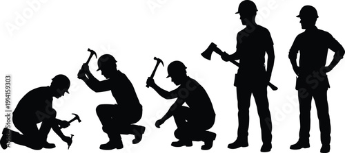 Construction worker silhouette set, builder hammer tool, carpenter repair work, cad drawing flat vector illustration on white background, industrial engineering.
