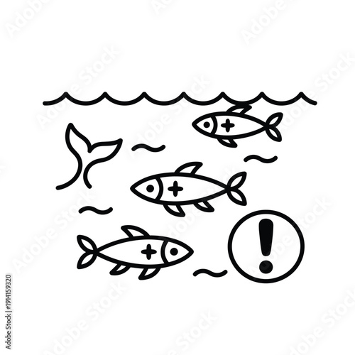 Simple line drawing depicts several fish swimming in water with a warning