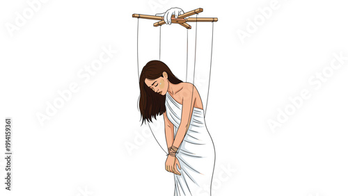 Dramatic conceptual illustration showing a puppeteer hand controlling a woman with strings like a marionette puppet on white.