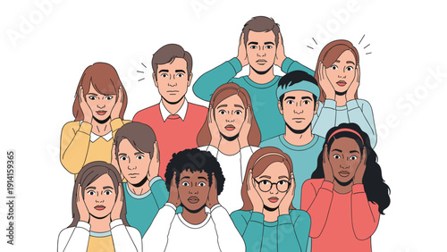 Diverse group of men and women covering their ears with their hands to block out loud noises or stressful information in a flat style.