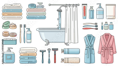 Comprehensive set of bathroom essentials including a bathtub shower curtains towels toiletries robes razors and dental care products.
