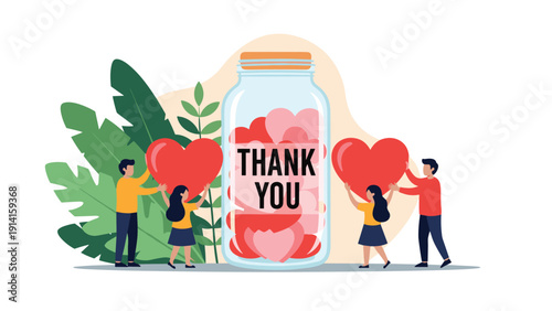 Group of people putting red and pink hearts into a large glass jar labeled thank you to represent gratitude and charity work.