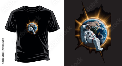 Astronaut sitting on earth t-shirt design breaking through glowing portal on black background vector art print templet