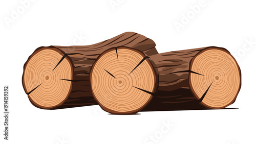 Detailed illustration of three stacked brown wooden logs showing growth rings and rough bark texture on a clean white background.