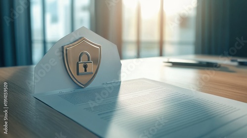 Secure insurance document featuring shield office setting professional photography modern environment close-up view trust and protection concept