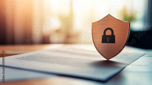 Secure insurance document with shield icon office environment digital content professional viewpoint safety concept