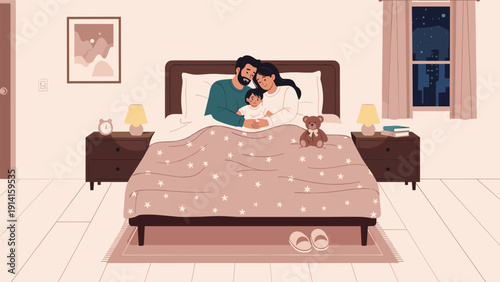 Young family with a father mother and baby sleeping peacefully together in a large comfortable bed in a dimly lit bedroom at night.