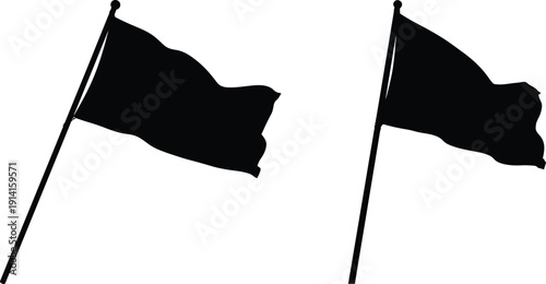 Two black flags waving in the wind on poles